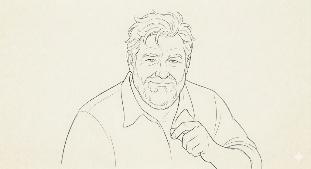 A line drawing of Tobin, mid-sentence, pointing at you.